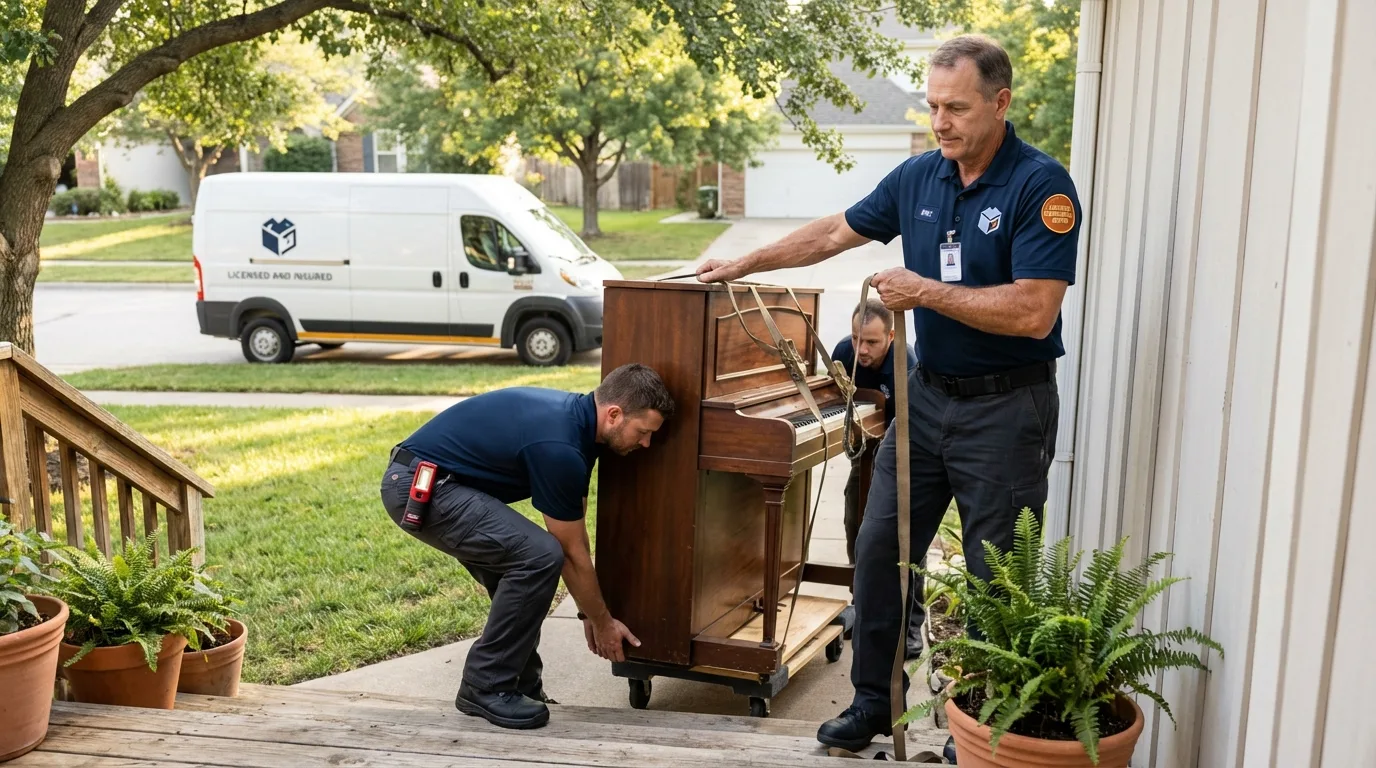Licensed piano movers securing grand piano in Jeffersonville, KY