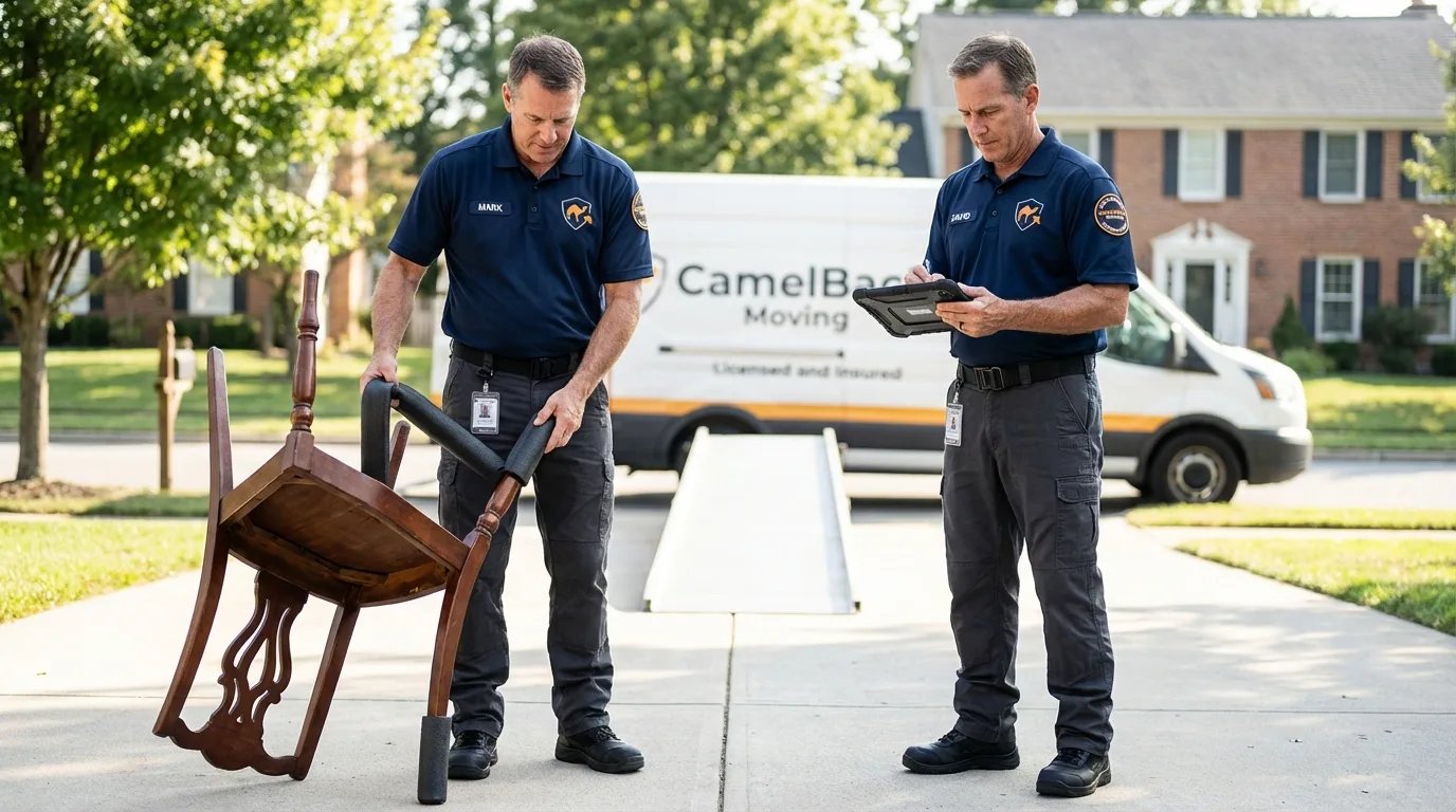 Movers inspecting furniture for damage prevention before loading in Jeffersonville, KY