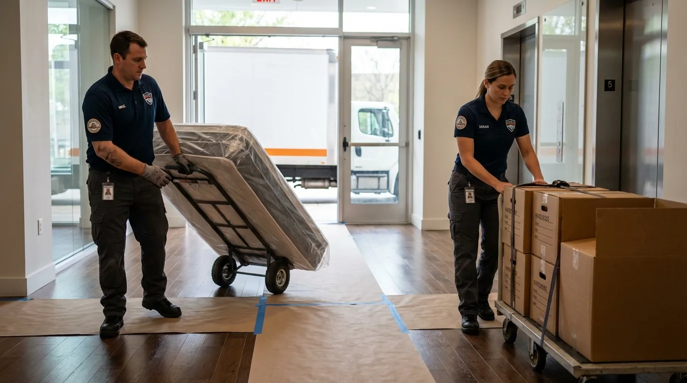 Professional apartment movers loading elevator in Jeffersonville, KY