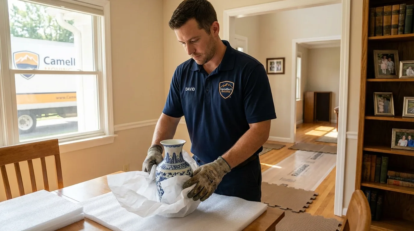 Professional crew carefully wrapping antique vase for senior downsizing move in Jeffersonville, KY